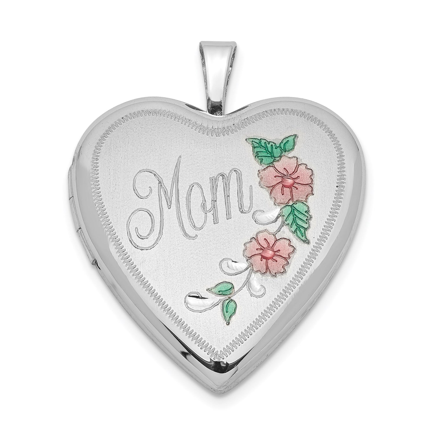 Sterling Silver Heart Locket Pendant with Pink Enamel Flowers and Mom Design