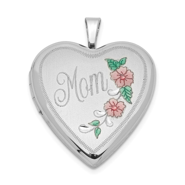 Sterling Silver Heart Locket Pendant with Pink Enamel Flowers and Mom Design