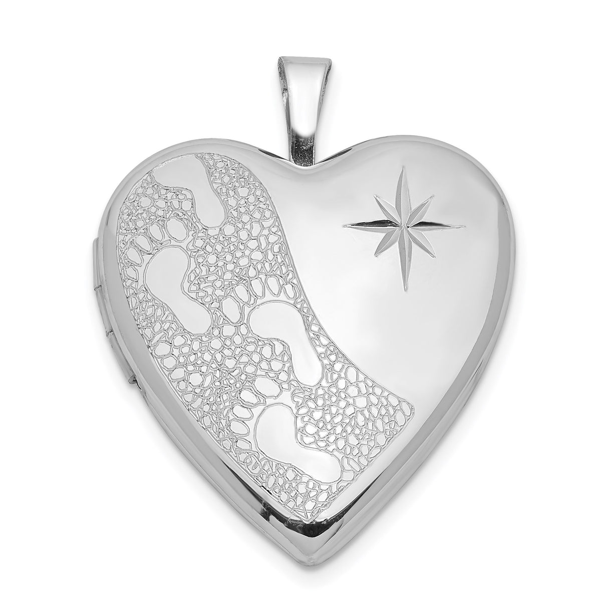 Sterling Silver Heart Locket Pendant with Footprints and Starburst, Christian Memorial Jewelry