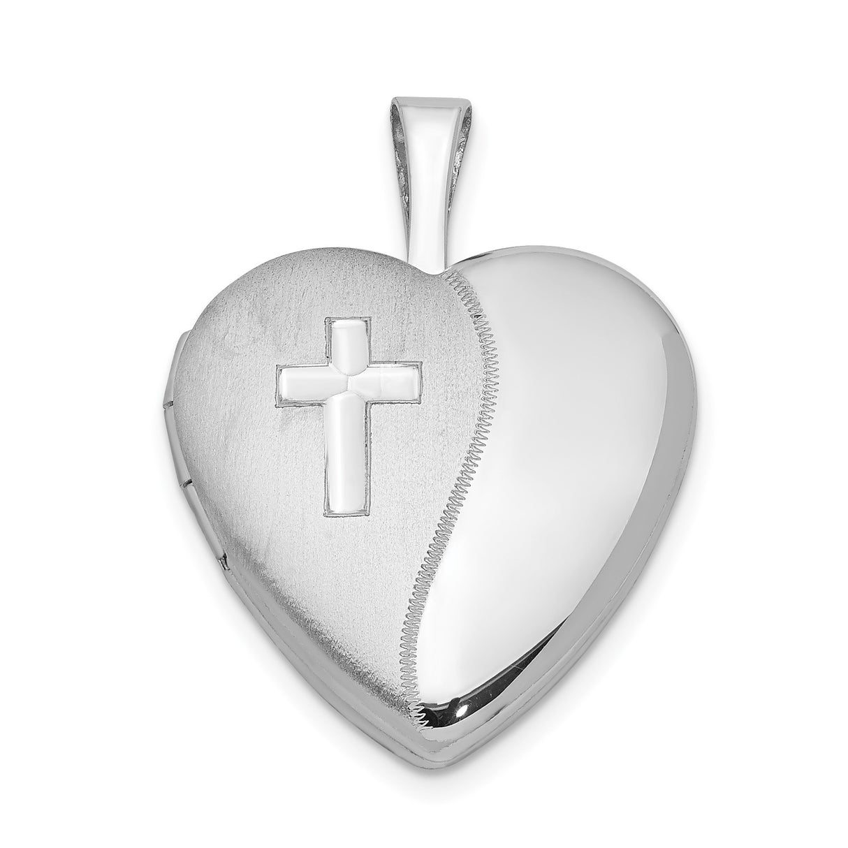 Sterling Silver Cross Pendant with Heart Locket Design, Dual Finish, Faith Jewelry for Men and Women
