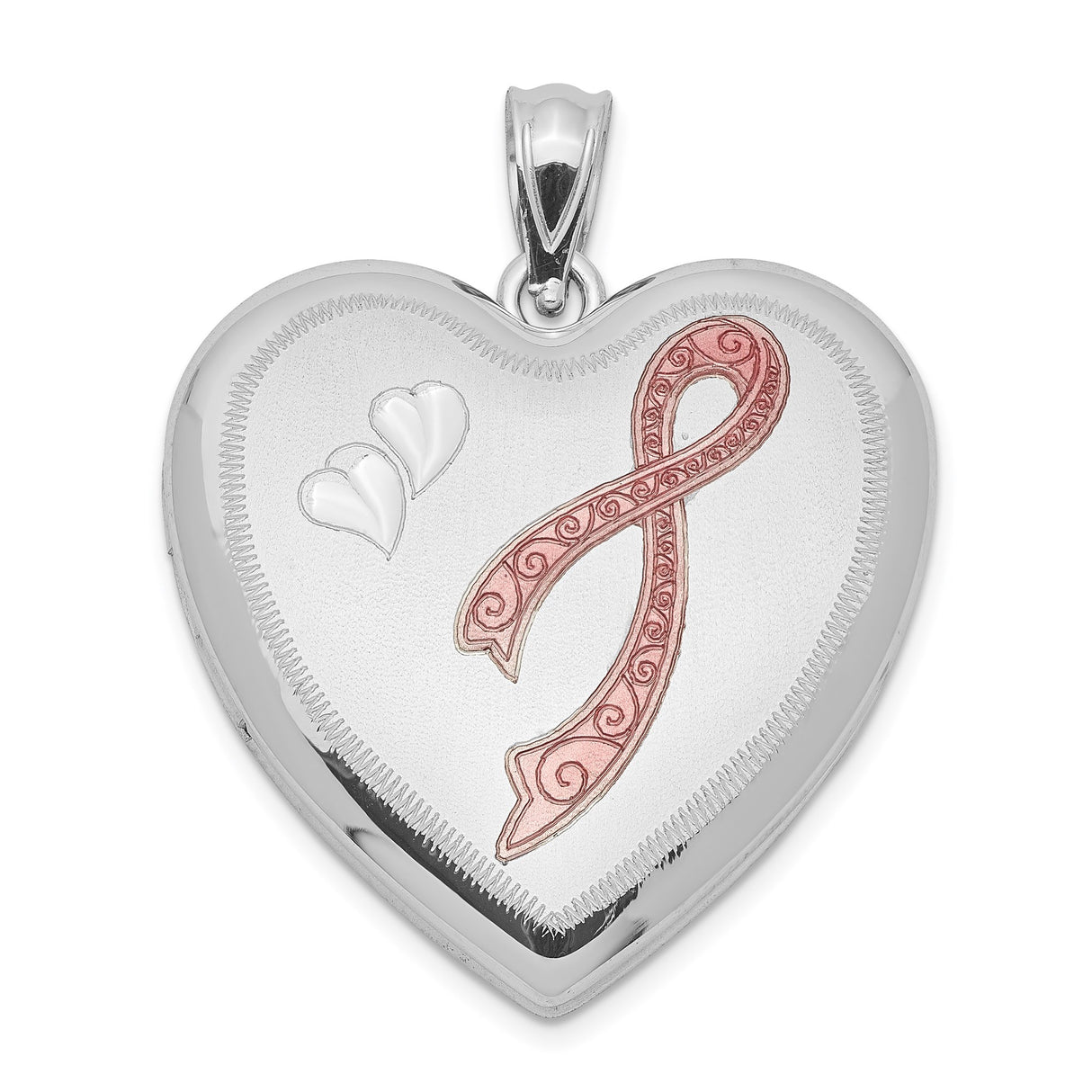 Sterling Silver Heart Shaped Locket with Pink Ribbon and Raised Hearts, Remembrance Pendant for Women