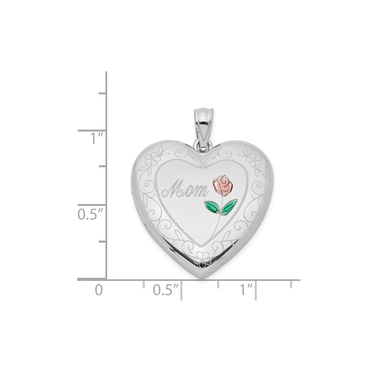 Sterling Silver Heart-Shaped Locket Pendant with Enamel Rose and Floral Scrollwork