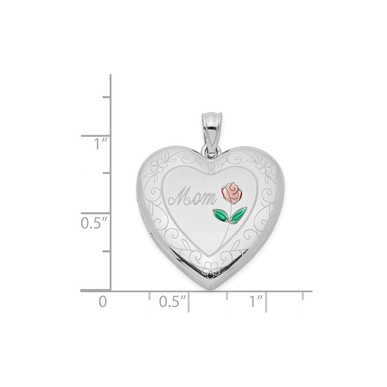Sterling Silver Heart-Shaped Locket Pendant with Enamel Rose and Floral Scrollwork