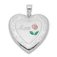 Sterling Silver Heart-Shaped Locket Pendant with Enamel Rose and Floral Scrollwork