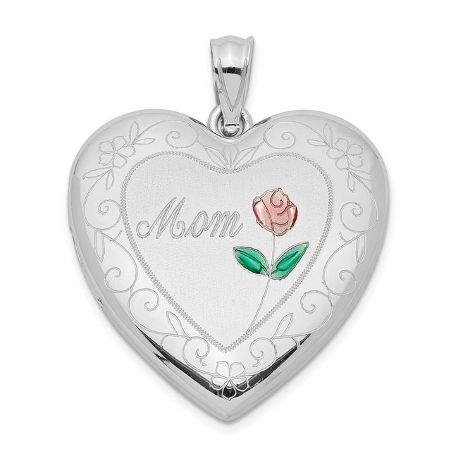 Sterling Silver Heart-Shaped Locket Pendant with Enamel Rose and Floral Scrollwork