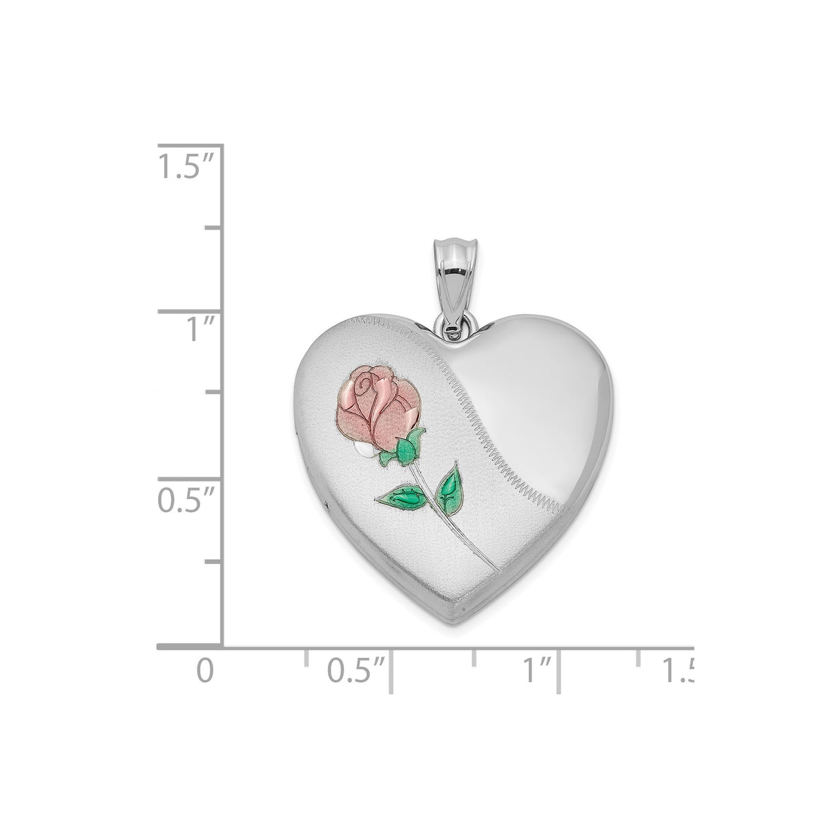 Sterling Silver Heart Locket Pendant with Pink Rose and Green Leaf Enamel Design
