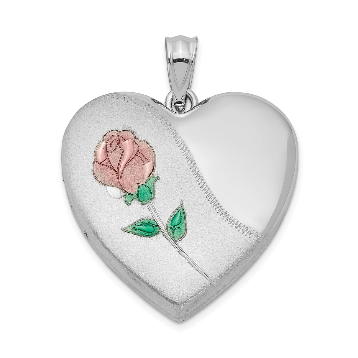 Sterling Silver Heart Locket Pendant with Pink Rose and Green Leaf Enamel Design
