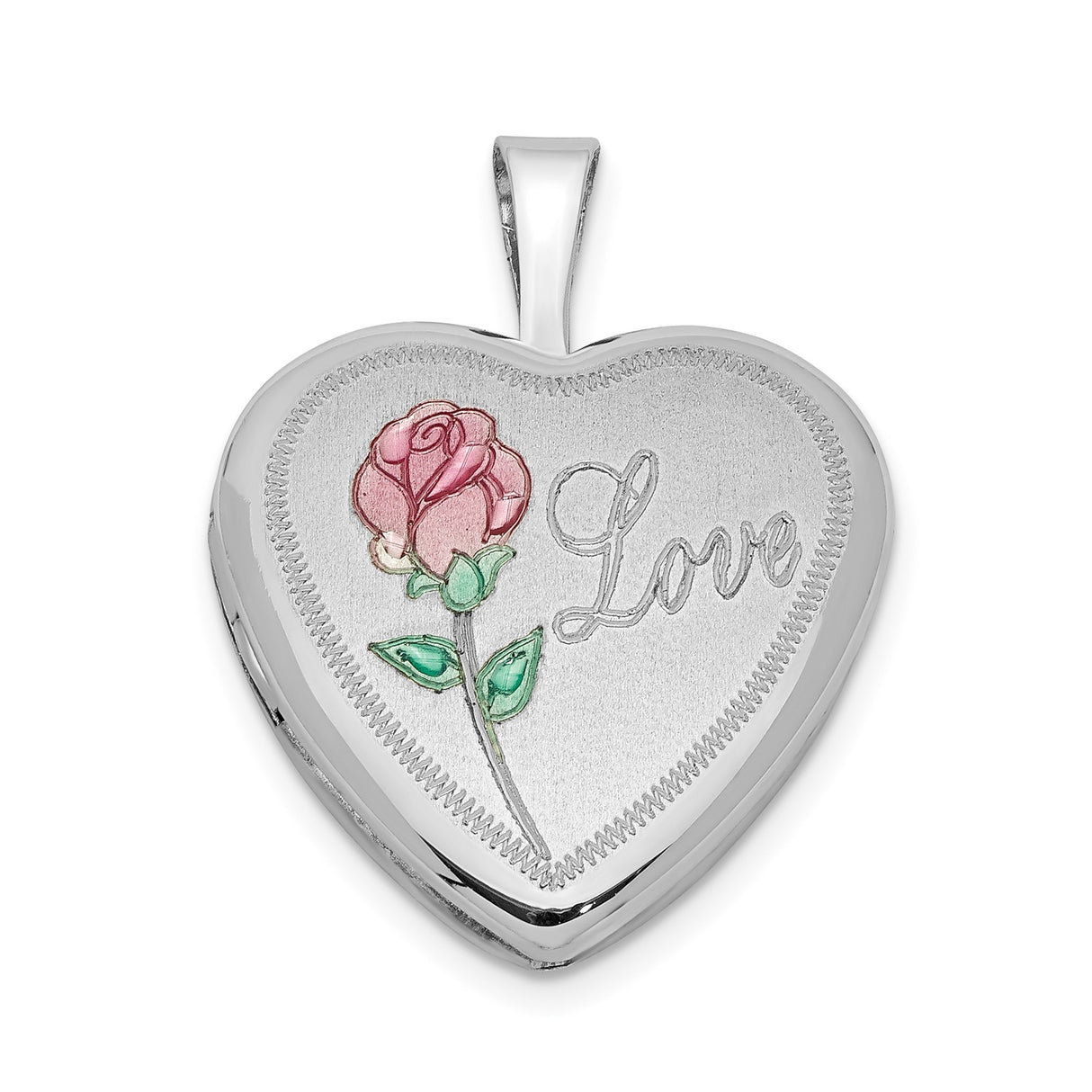 Sterling Silver Heart Locket Pendant with Pink Rose and Love Inscription