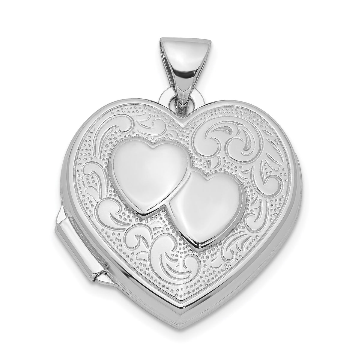 Sterling Silver Heart Locket Pendant with Interlocking Hearts and Scrollwork Design