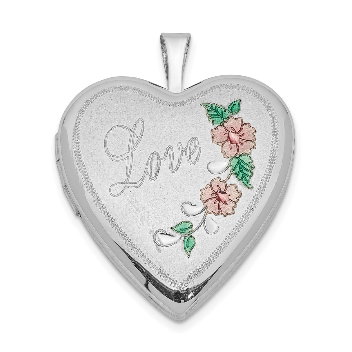 Sterling Silver Heart Shaped Locket Pendant with Love Script and Pink Floral Accents