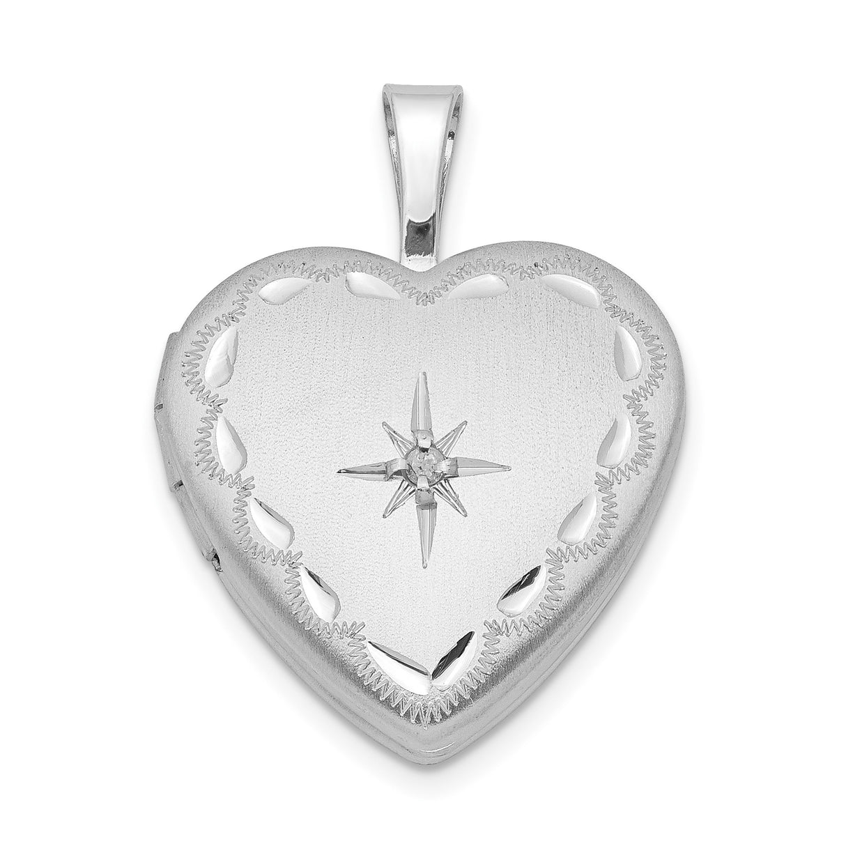 Sterling Silver Heart Locket Pendant with Diamond, Starburst Engraving, Scalloped Edge