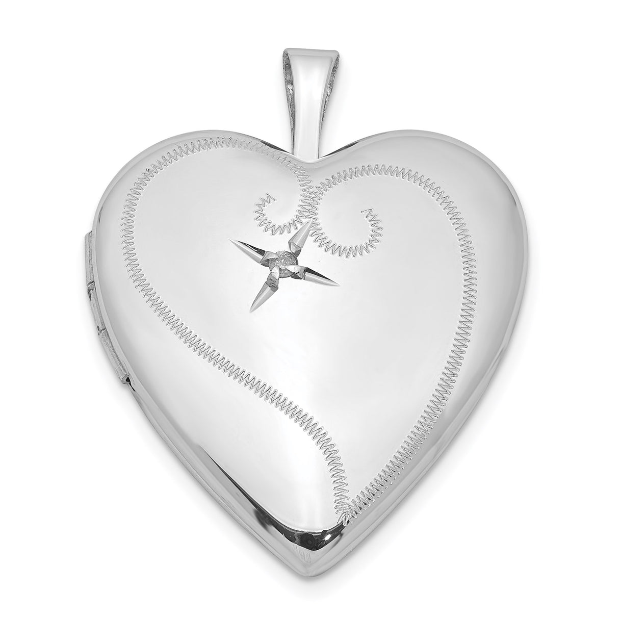 Sterling Silver Heart Locket Pendant with Diamond, Swirl Engraving and Starburst Design