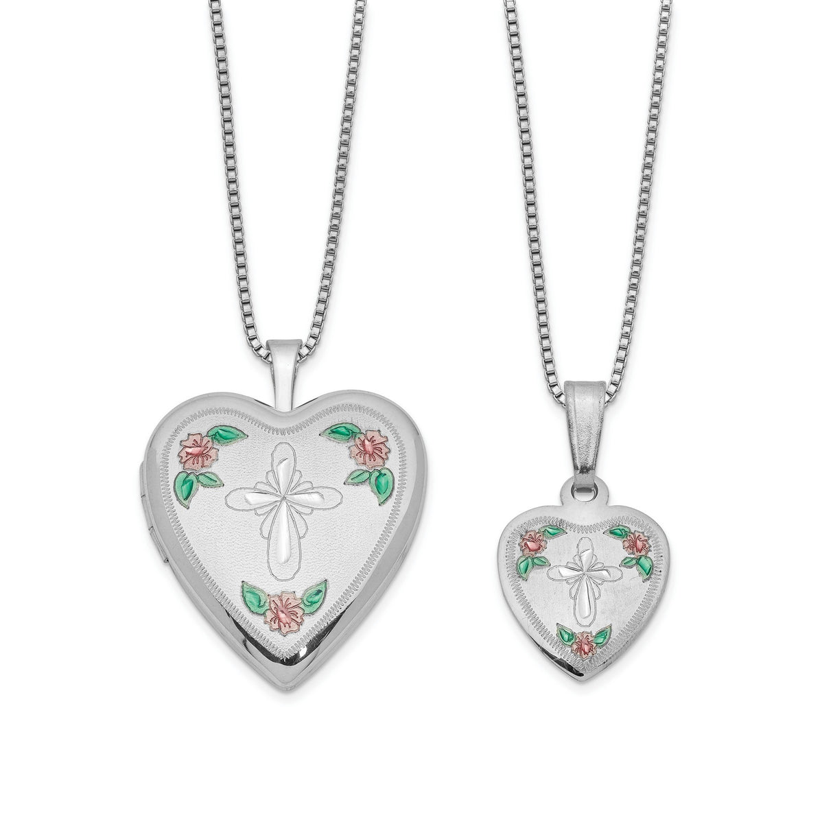 Cross and Flowers Enamel Heart Locket and Pendant Charm Pendant in Real 925 Sterling Silver