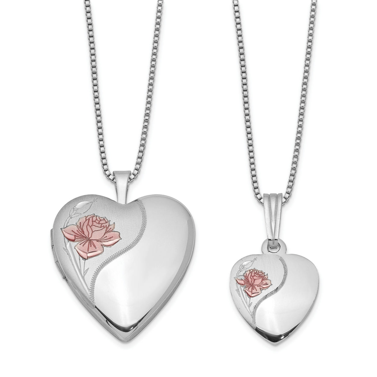 Polished and Satin Rose Heart Locket and Penda Charm Pendant in Real 925 Sterling Silver