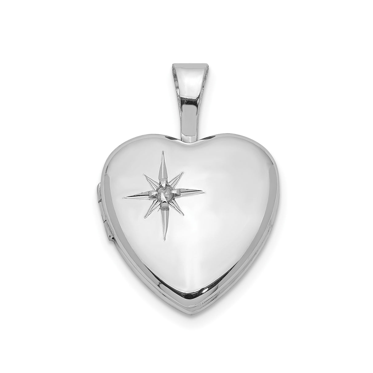 Sterling Silver Heart Locket Pendant with Diamond and Eight-Pointed North Star Design