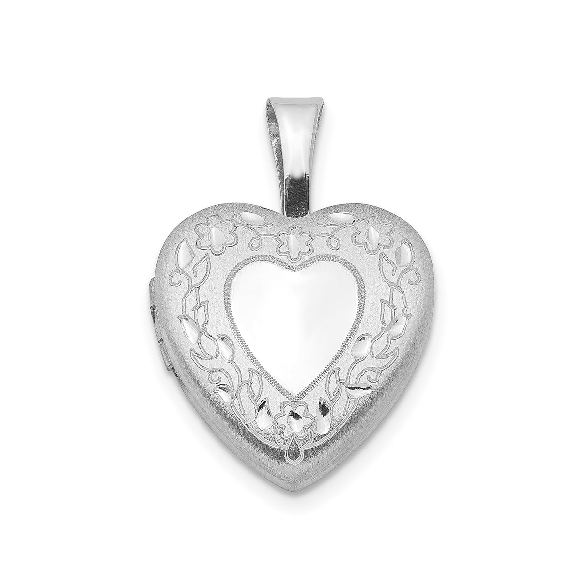 Sterling Silver Heart Locket Pendant with Floral Engravings and Polished Center