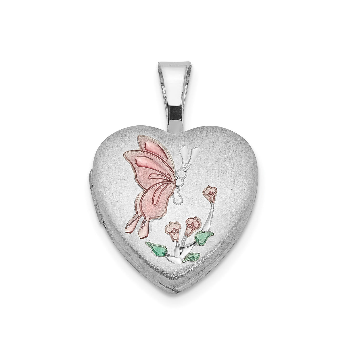 Sterling Silver Heart Locket Pendant with Pink Butterfly and Floral Motif for Women
