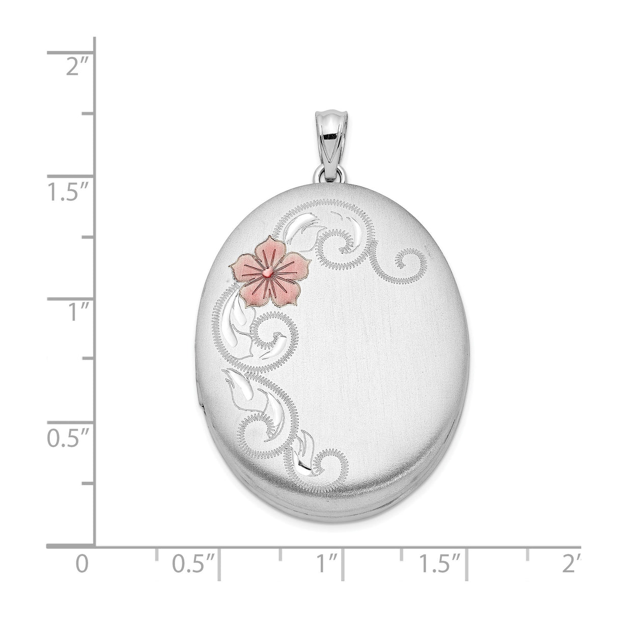 Sterling Silver Oval Photo Locket Pendant with Pink Flower and Swirling Vine Design
