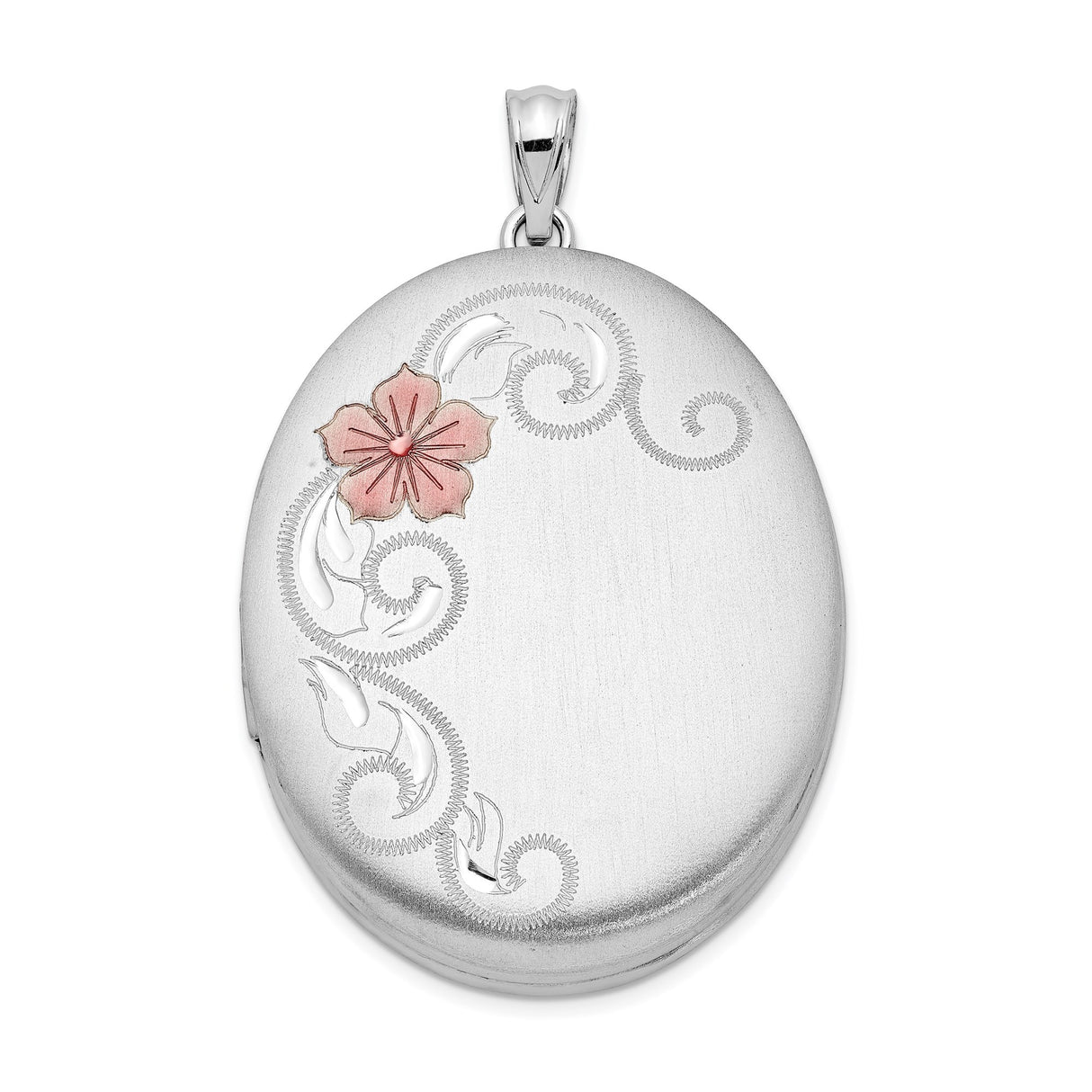 Sterling Silver Oval Photo Locket Pendant with Pink Flower and Swirling Vine Design