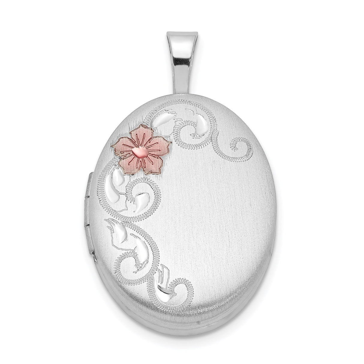 Sterling Silver Oval Locket Pendant with Scroll Design and Pink Flower Accent