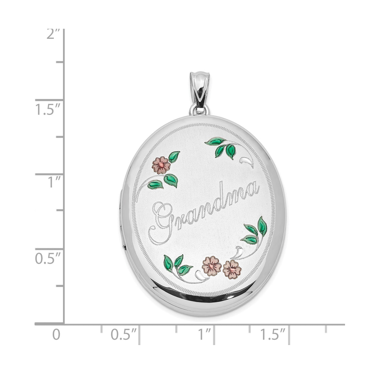 Sterling Silver Oval Locket Pendant with Pink Flower and Green Leaf Accents for Grandma