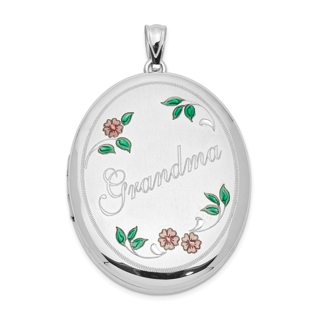Sterling Silver Oval Locket Pendant with Pink Flower and Green Leaf Accents for Grandma