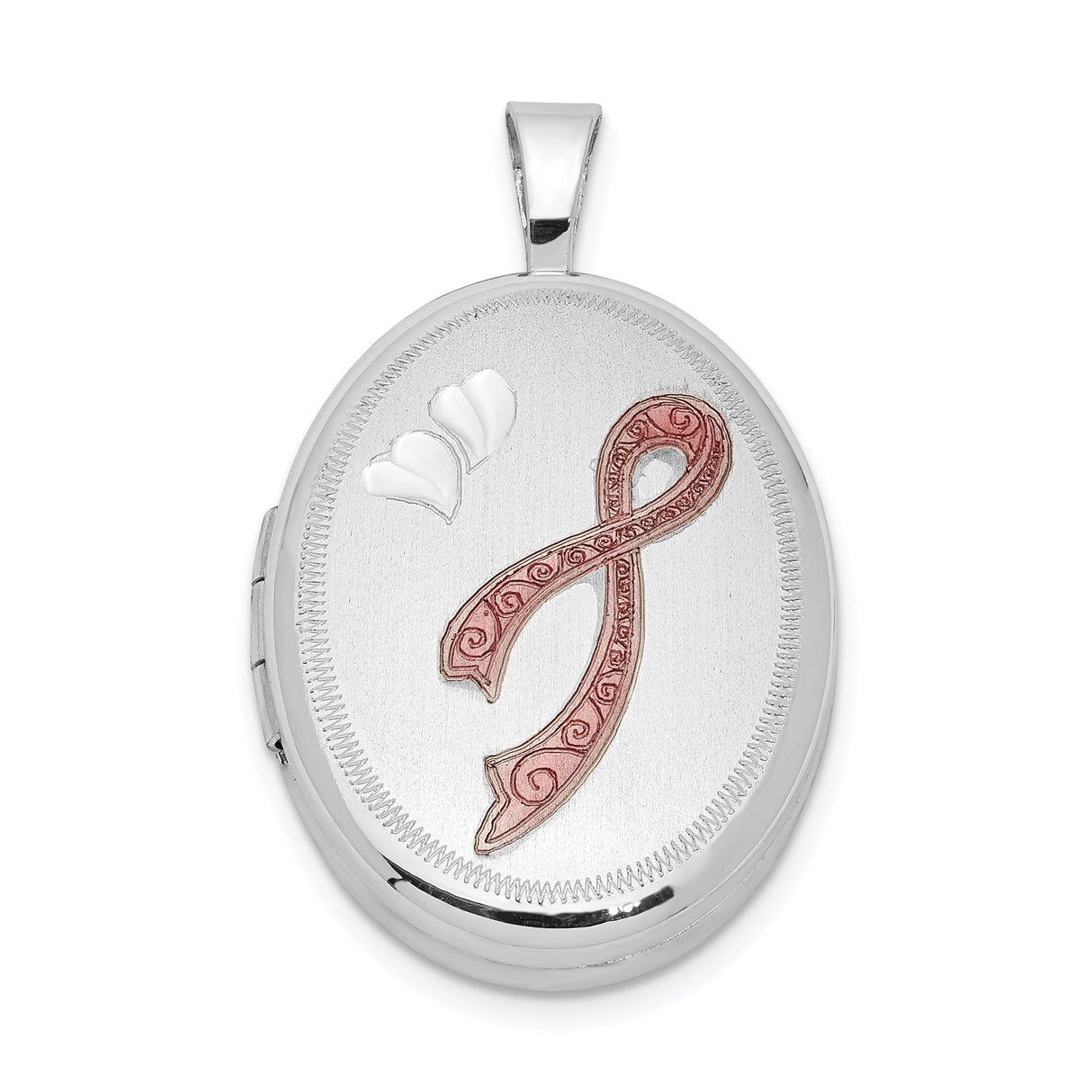 Sterling Silver Oval Locket with Pink Awareness Ribbon and Scrollwork Design for Women