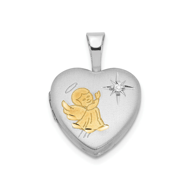Sterling Silver Heart Locket with Diamond, Gold-Tone Angel and Starburst Engraving