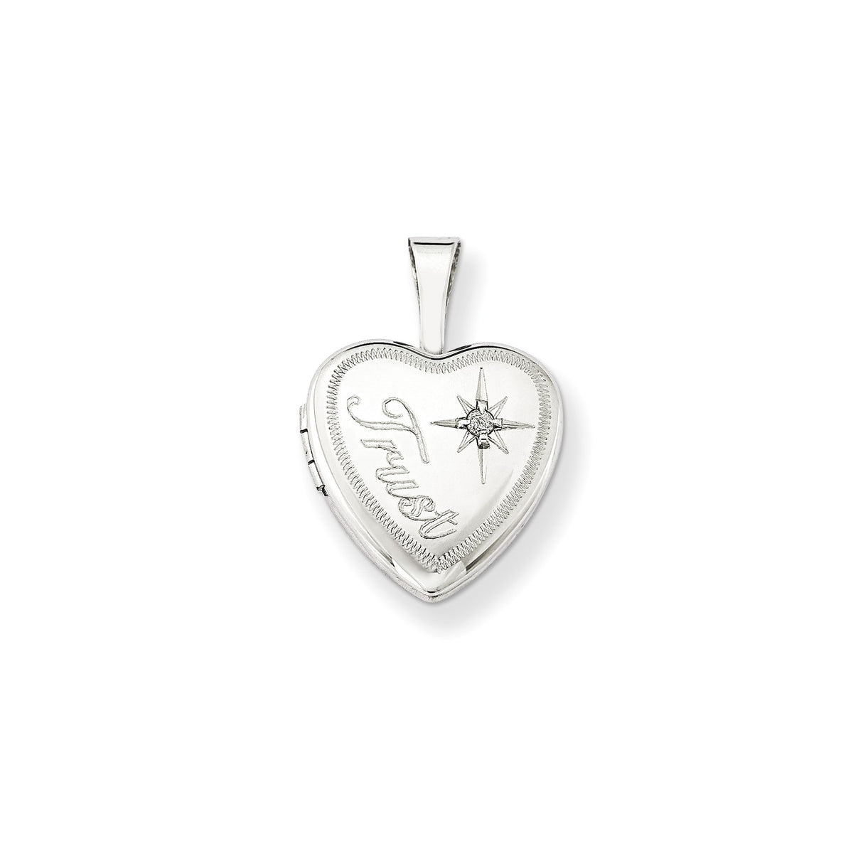 Sterling Silver Heart Shaped Locket Pendant with Diamond and Starburst Design