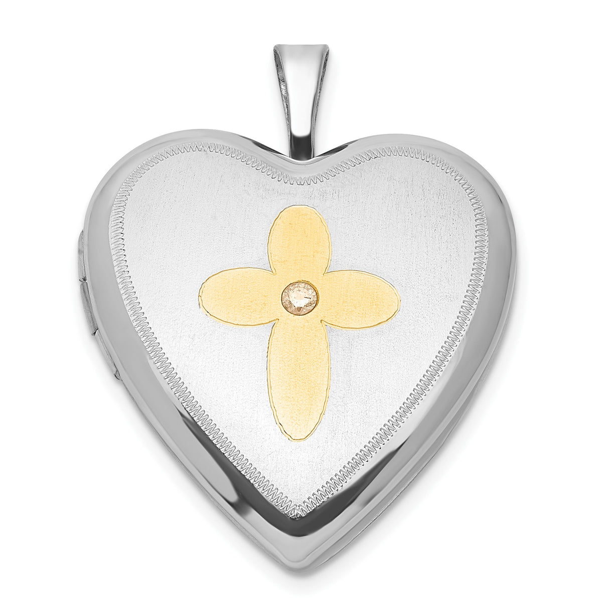 Sterling Silver Cross Pendant with Diamond, Satin Gold Floral Design and Brushed Heart Locket
