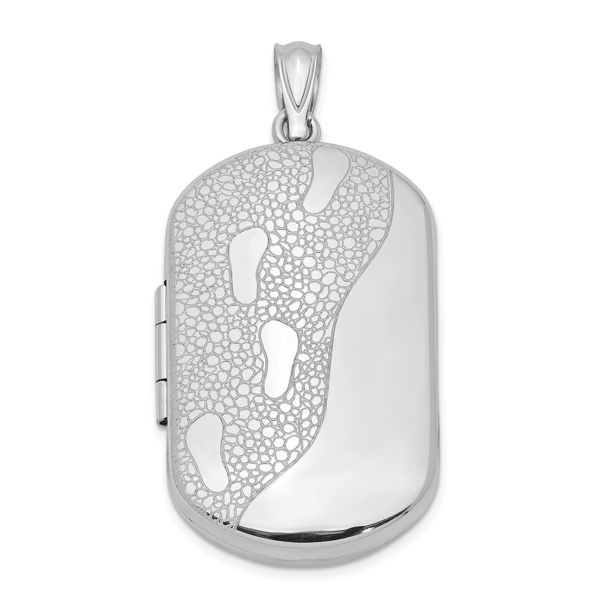 Sterling Silver Oval Locket Pendant with Footprints and Textured Sand Design, Christian Keepsake