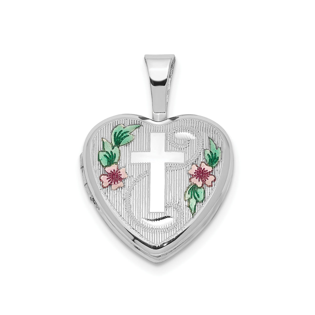 Sterling Silver Heart Locket Pendant with Raised Cross and Floral Design