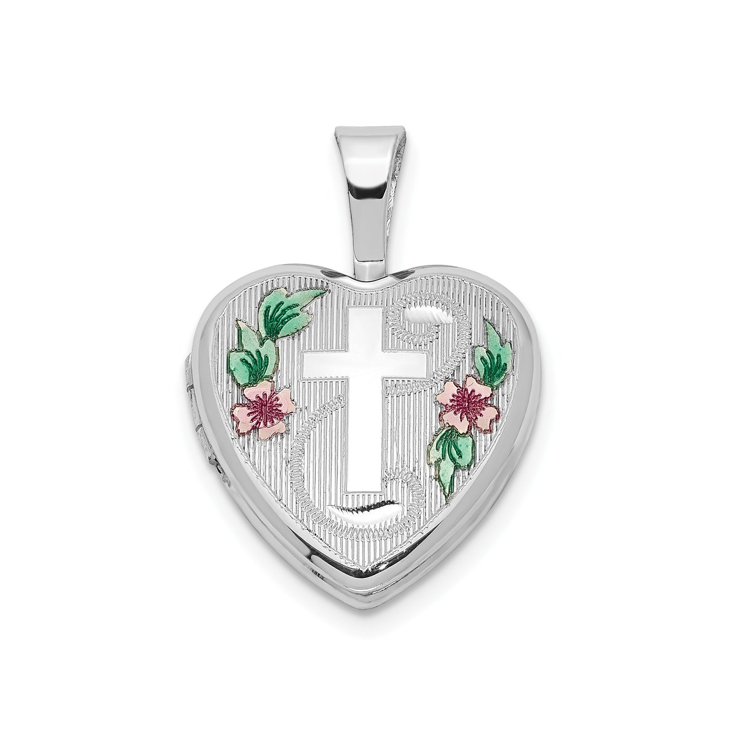 Sterling Silver Heart Locket Pendant with Raised Cross and Floral Design