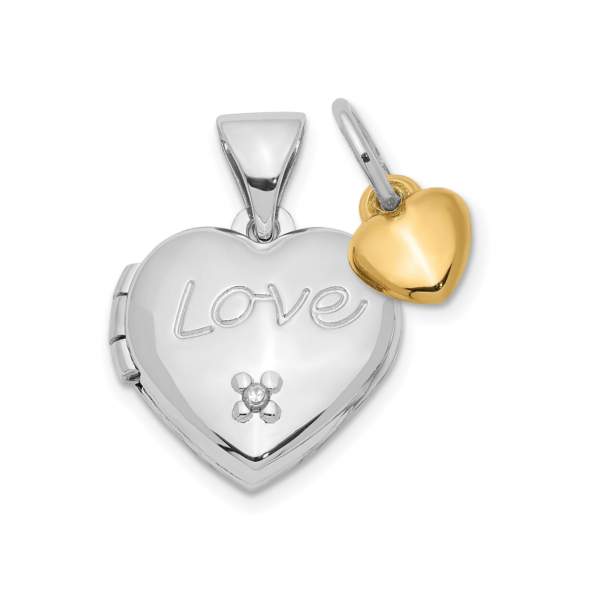 Sterling Silver Heart Locket with Diamond, Love Engraving and Flower Design for Women