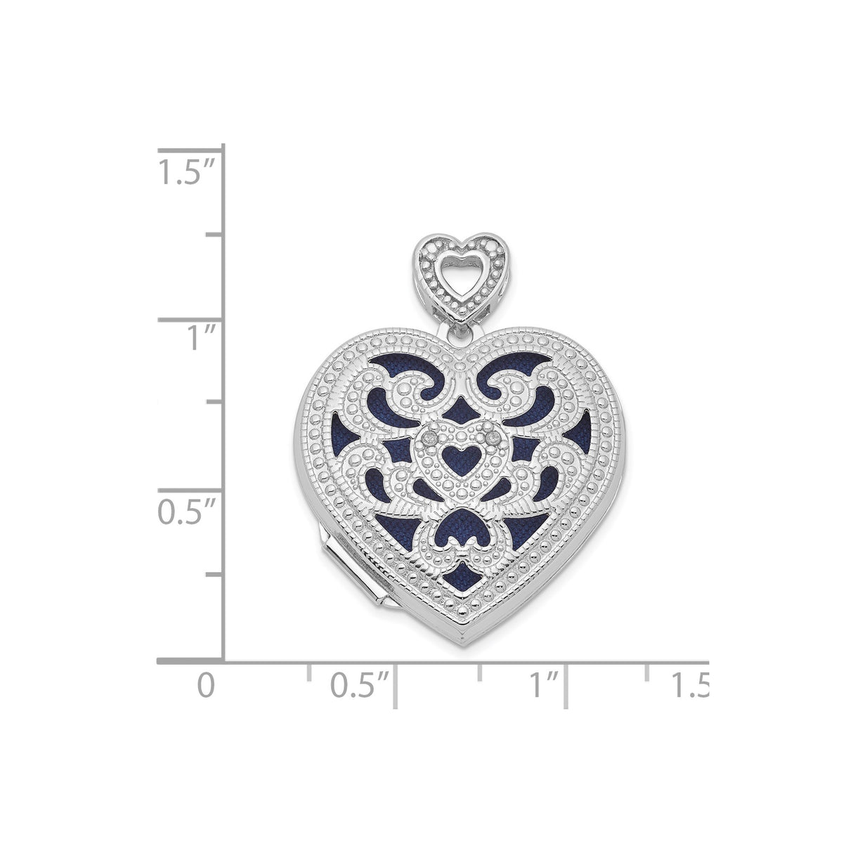 Sterling Silver Heart Locket Pendant with Diamond, Blue Enamel and Filigree Detailing