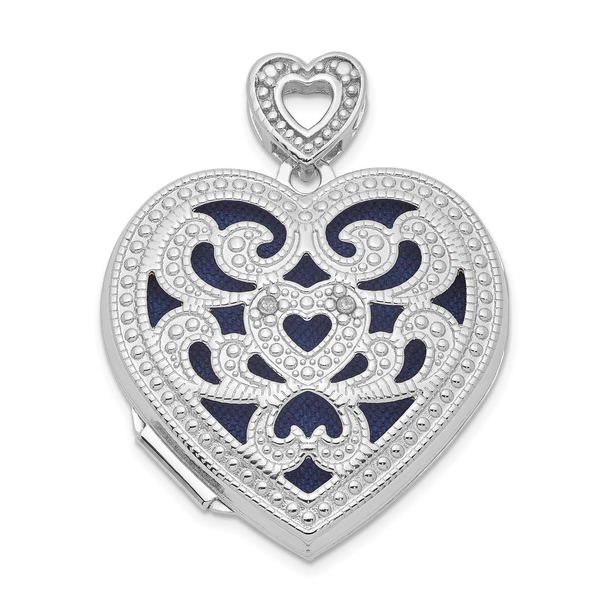 Sterling Silver Heart Locket Pendant with Diamond, Blue Enamel and Filigree Detailing