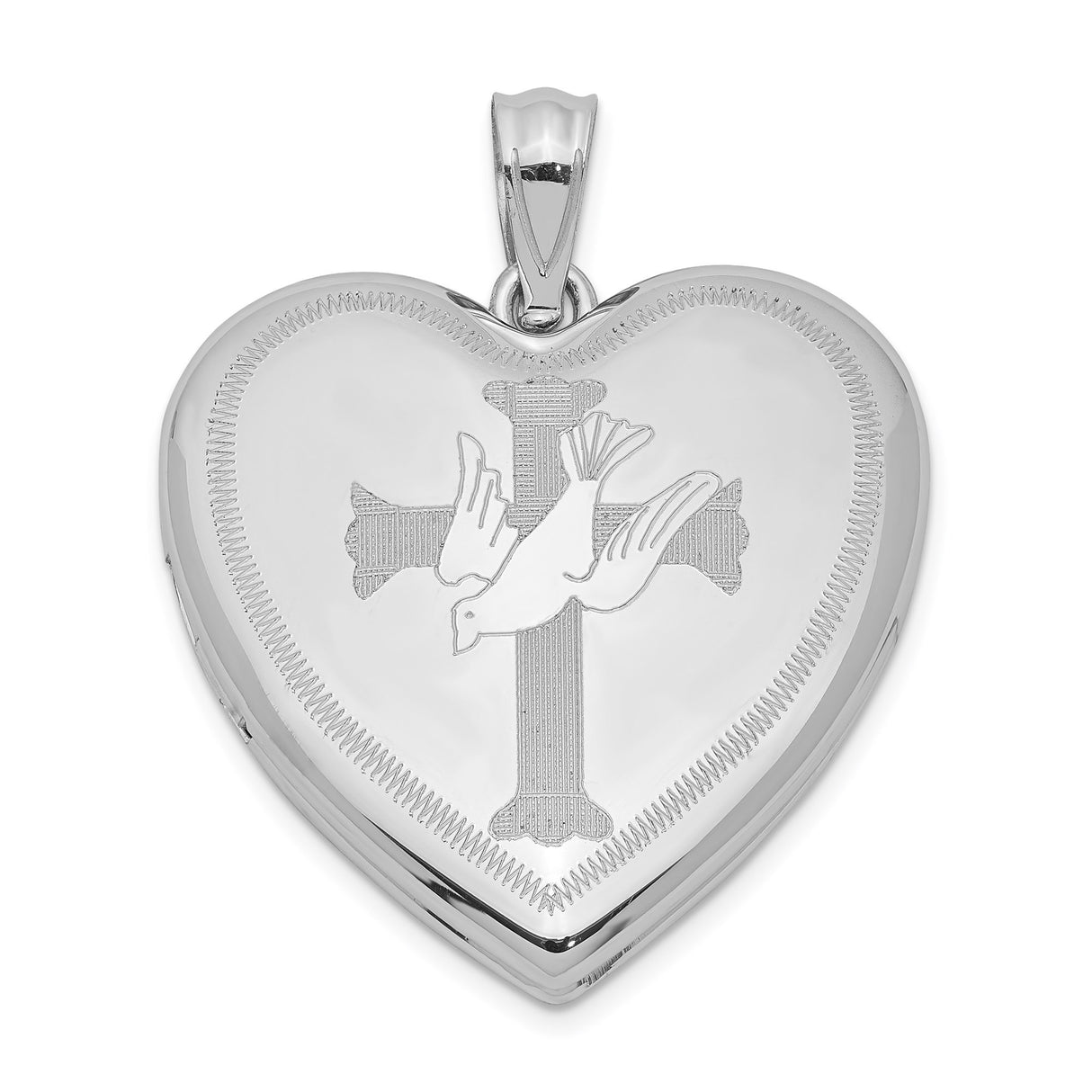 Sterling Silver Cross Pendant with Dove Detail, Heart Locket and Faith Message