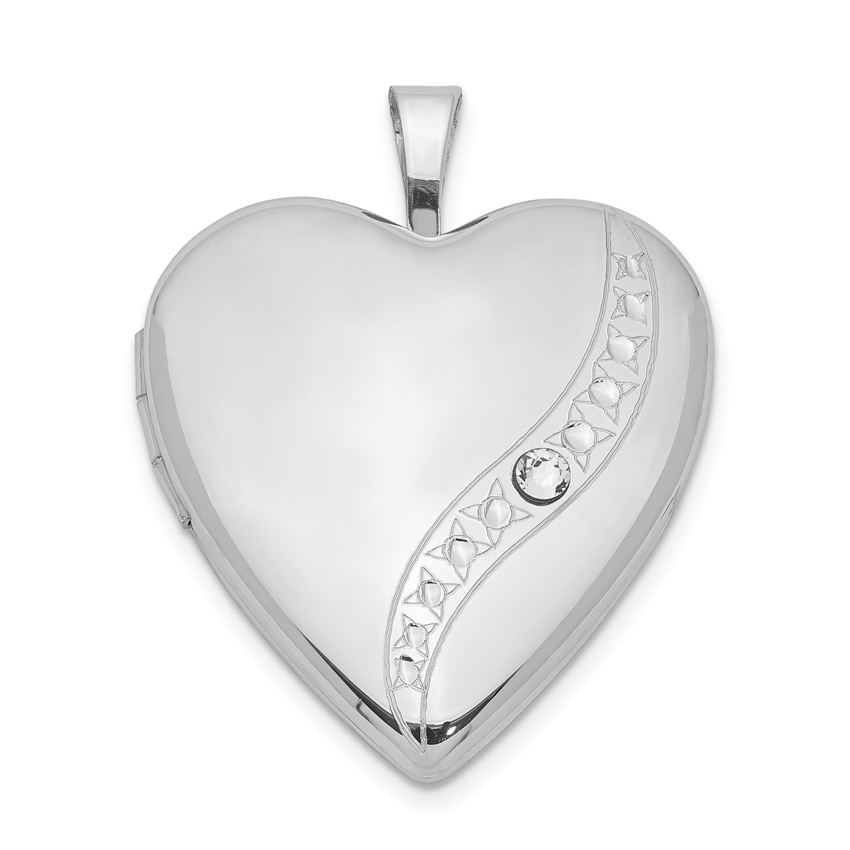 Sterling Silver Heart Locket Pendant with Crystal Accent and Curved Line Engraving