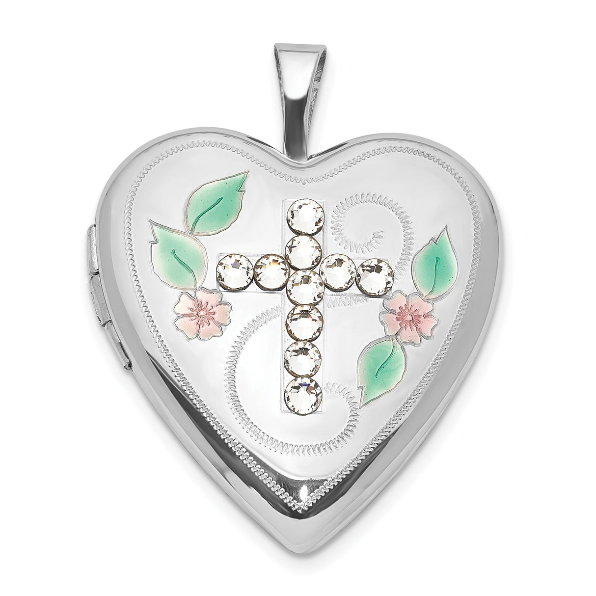 Sterling Silver Heart Locket Pendant with Crystal Cross, Pink Flowers and Green Leaves, Christian Jewelry for Women