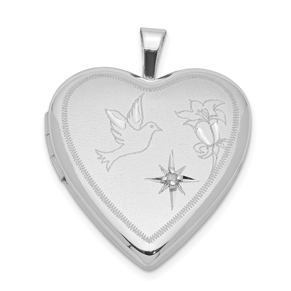 Sterling Silver Heart Locket Pendant with Diamond, Dove Lily and Starburst Symbols