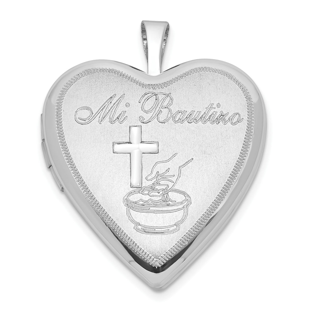 Sterling Silver Heart Locket Pendant with Cross and Mi Bautizo Engraving, Religious Keepsake Charm
