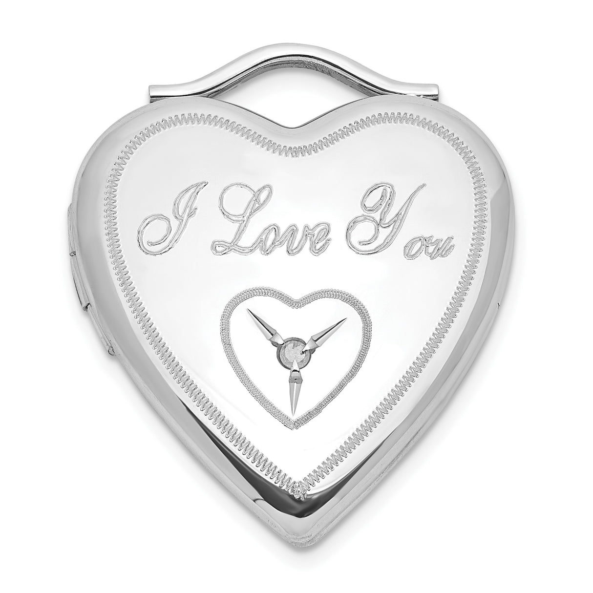 Sterling Silver Heart Locket Pendant with Diamond and Clock Detail, Romantic Message Design