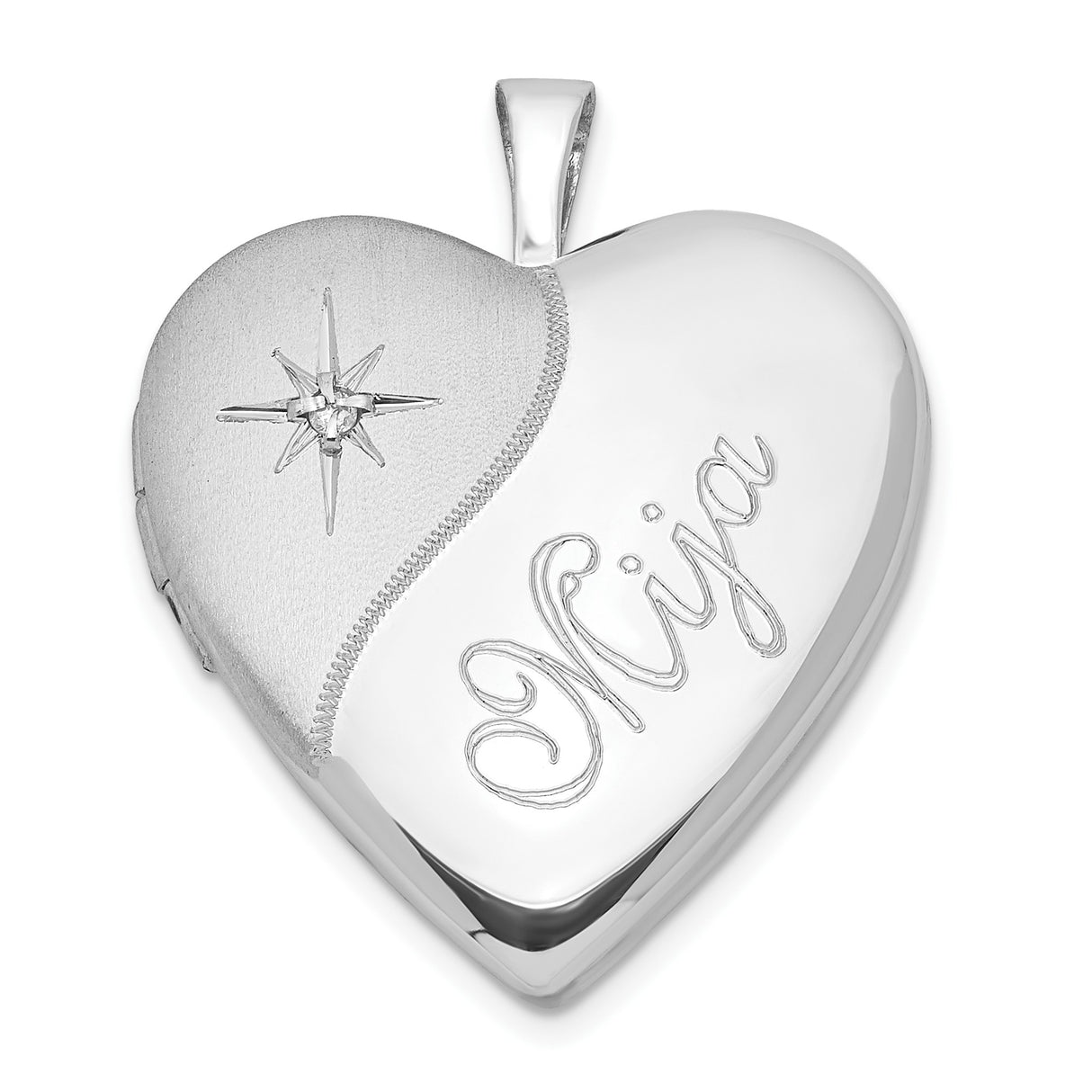 Sterling Silver Heart Locket Pendant with Diamond Accent, Starburst Design, Photo Holder