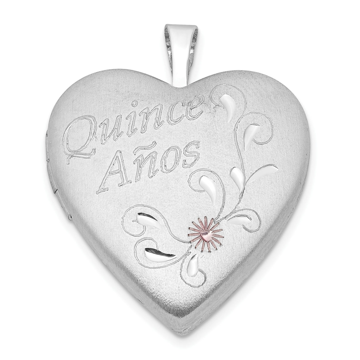 Sterling Silver Heart Locket Pendant with Quince Años Engraving and Floral Detailing
