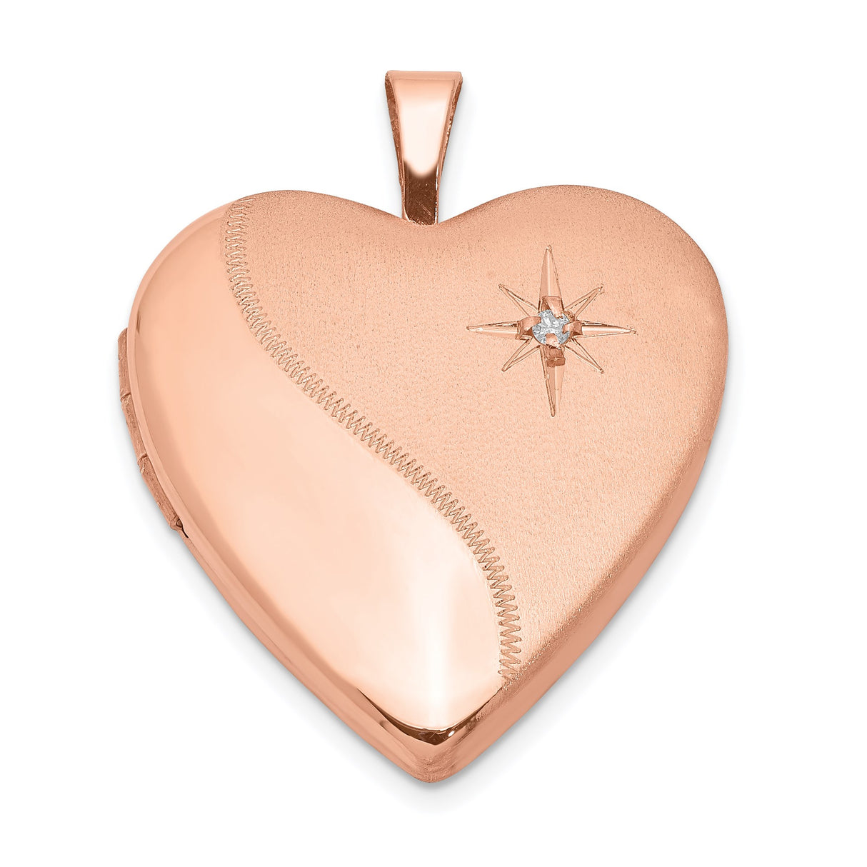 Sterling Silver Heart Locket Pendant with Diamond, Rose Gold Accents, Starburst Engraving