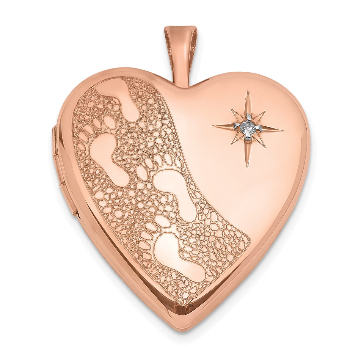Sterling Silver Heart Locket Pendant with Diamond Accent, Rose Gold Footprints and Star Design