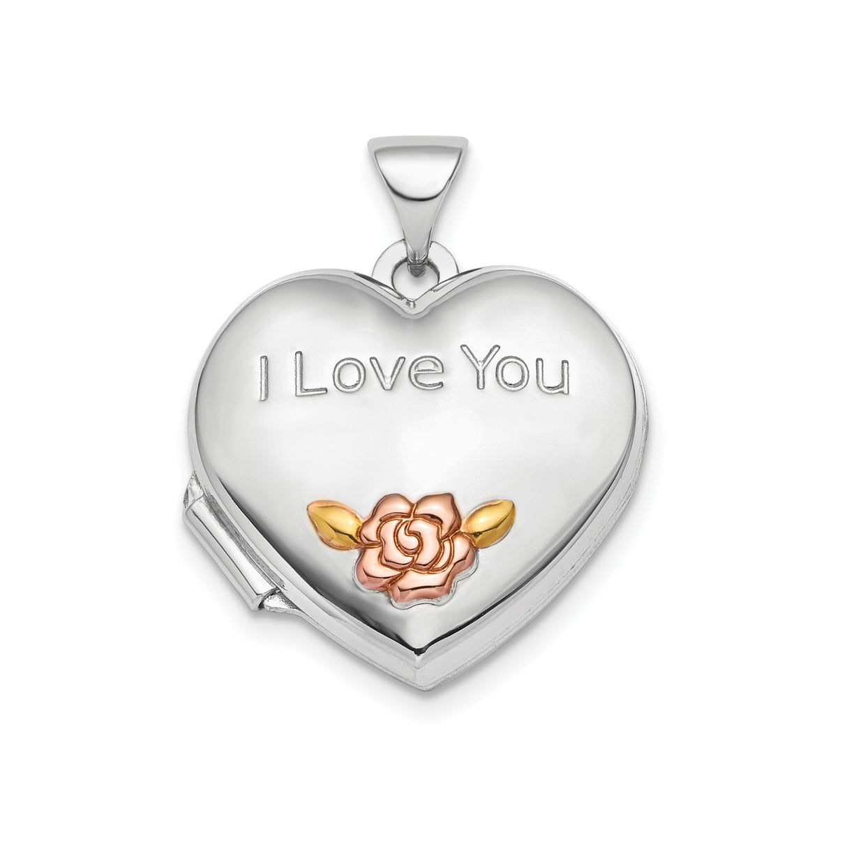 Sterling Silver Heart Locket Pendant with I Love You Message and Gold Tone Rose Detail