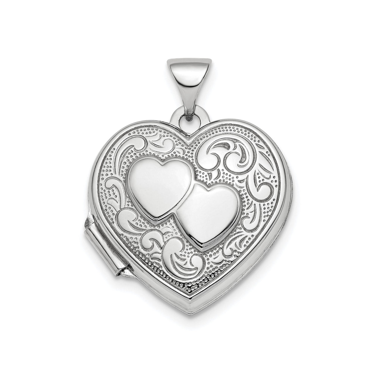 Sterling Silver Heart Locket Pendant with Interlocking Hearts and Scrollwork Engraving