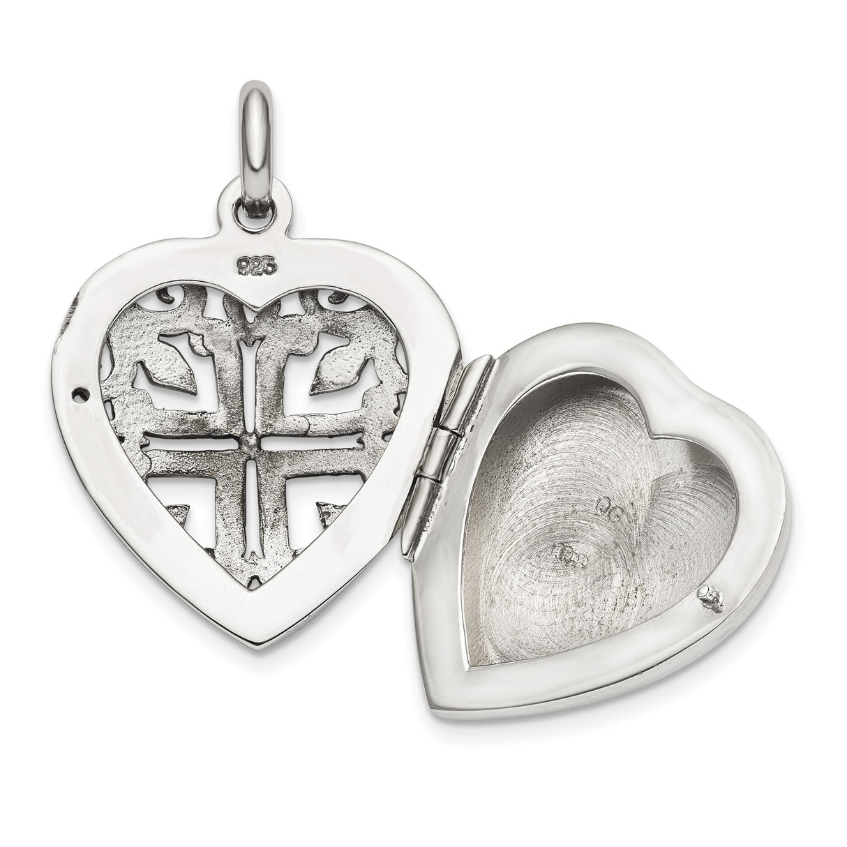 Sterling Silver Heart Locket Pendant with Cross and Scroll Design, Christian Faith Jewelry