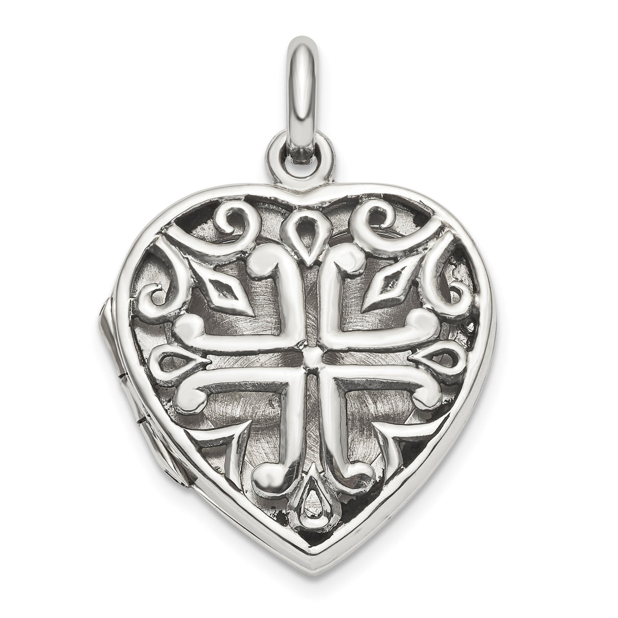 Sterling Silver Heart Locket Pendant with Cross and Scroll Design, Christian Faith Jewelry